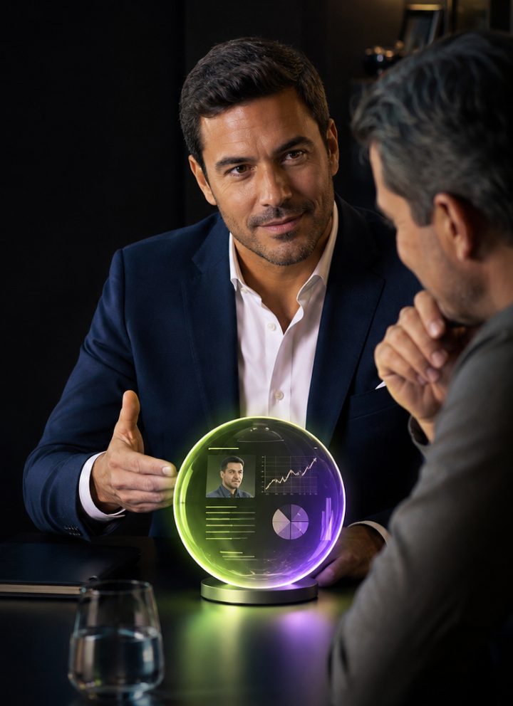 Assessor financeiro interagindo com uma interface de inteligência artificial